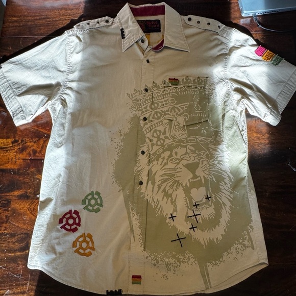 Rebel Spirit Rare Y2K Rebel Rocker Embroidered Button Up Men’s Khaki Top Sz XXL - Picture 7 of 12